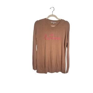 LOFT Womens Tan Crew Neck Long Sleeve Sweater Lightweight Embroidered Script XS